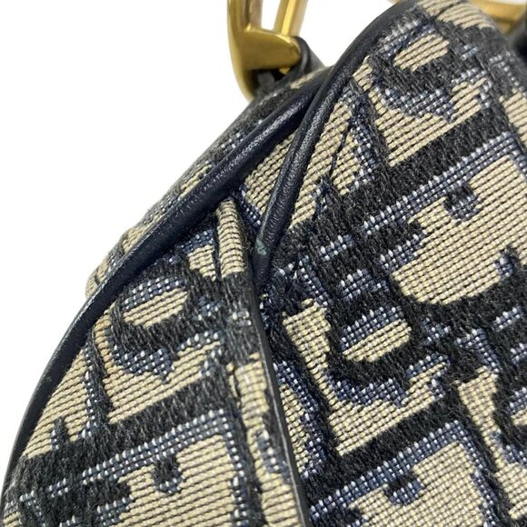 Auth DIOR/ChristianDior Saddle Bag - Navy Cream Jacquard Leather Handbag - Picture 13 of 16